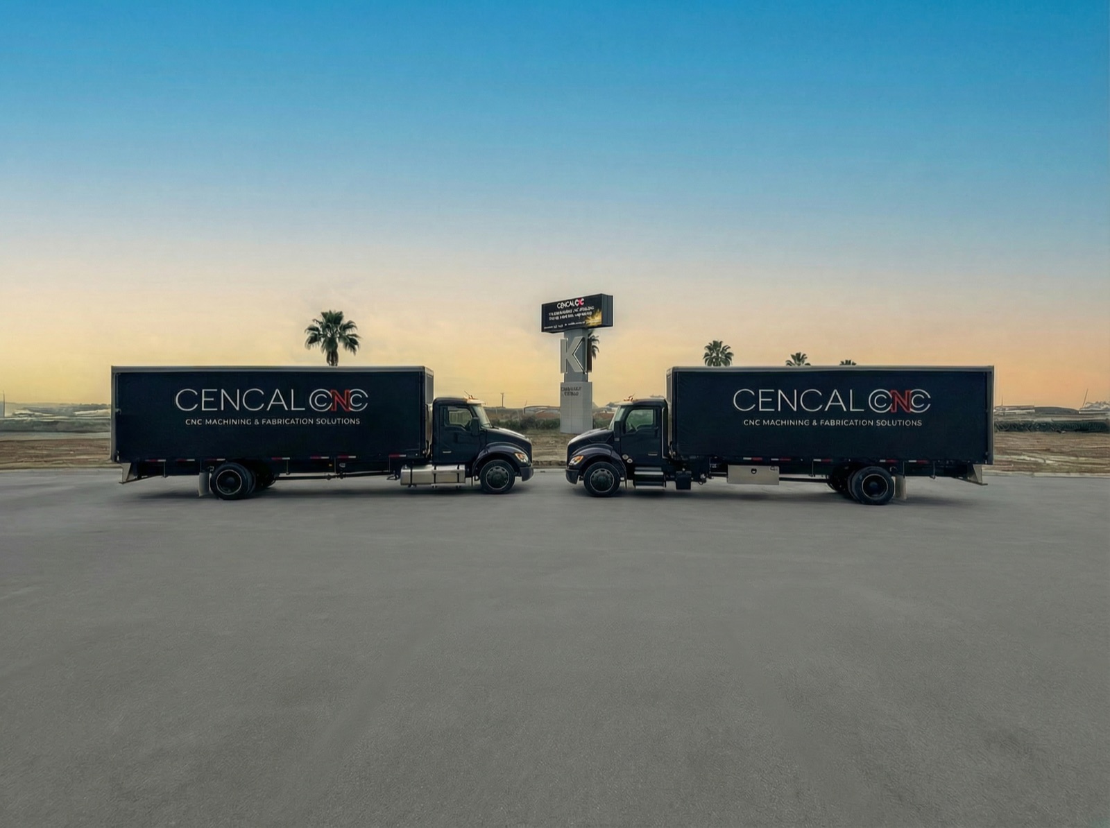 Two CENCAL CNC delivery trucks parked either side of the Kingsburg facility sign at dusk
