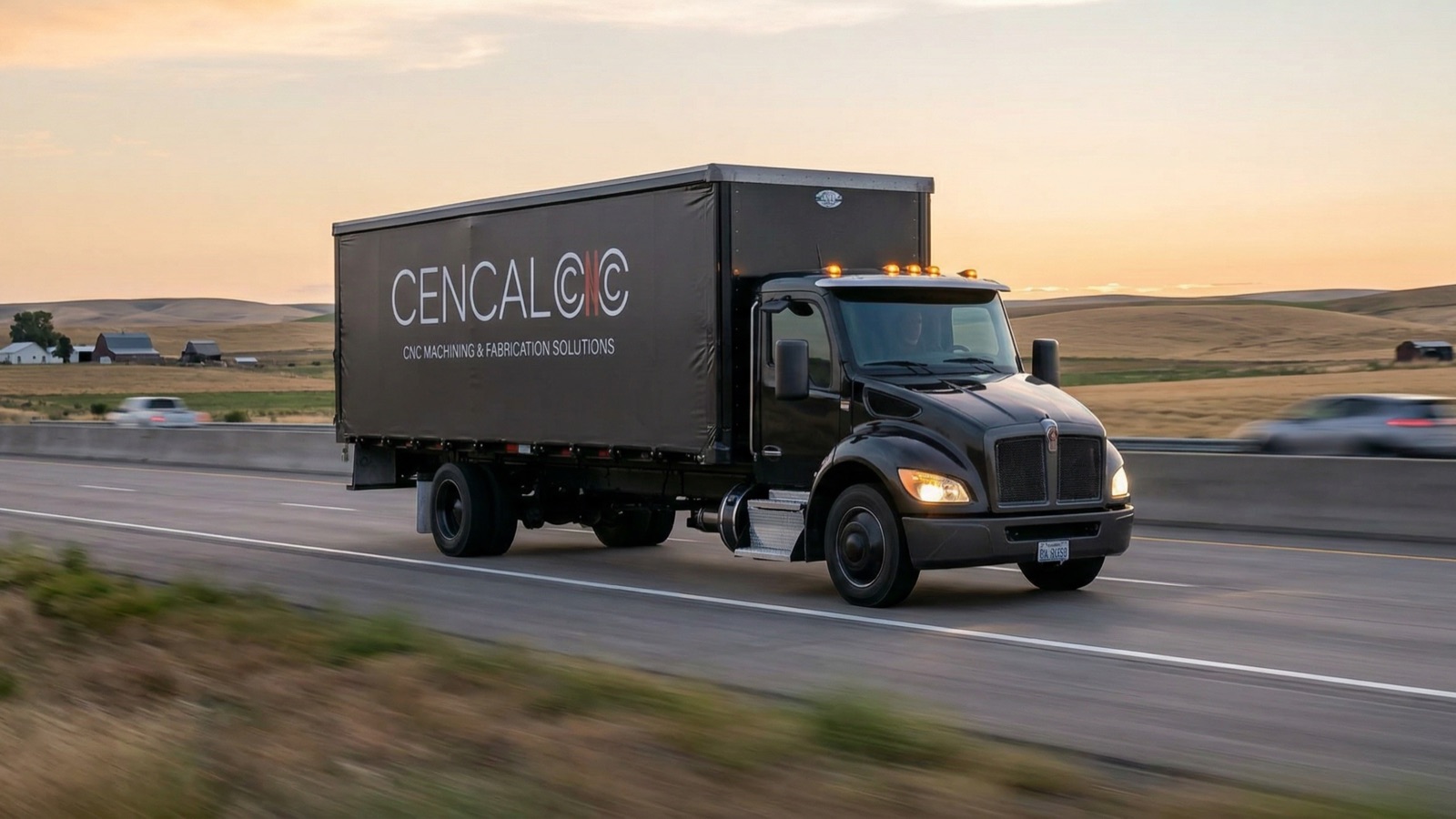 A CENCAL CNC delivery truck on the highway at golden hour, Central Valley farmland behind it