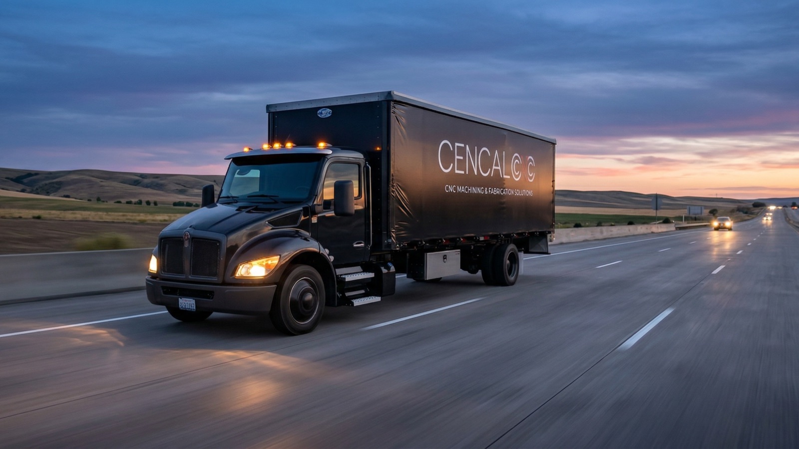 A CENCAL CNC delivery truck running the interstate at dusk
